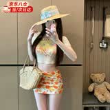 梵昇昱泳衣女橘色辣妹比基尼四件套度假泳装绝美性感女士温泉游泳衣女 比基尼四件套【黄色小花】 均码 建议【70-120斤】