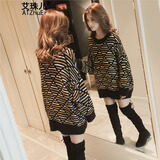 艾珠儿2025春秋冬季新款韩版中长款宽松套头马海毛条纹毛衣女针织衫上衣 黑色 均码