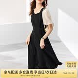 尚都比拉法式连衣裙夏季中长款a字裙泡泡袖系带收腰显瘦裙子 黑色 M 