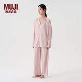 MUJI女式 柔软针织前开睡衣套装 长袖 女士家居服 女款秋冬 FD22CC4A 烟熏粉色 S -M 上装160/84A,下装160/66A