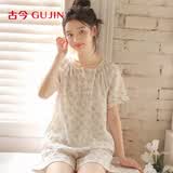 古今（GUJIN）棉纱100%棉泡泡纱轻薄短袖夏季睡衣女甜美碎花睡裤家居服套装L