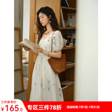 谜秀【安心品质】法式植物刺绣连衣裙女2026夏莱赛尔裙子系带短袖长裙 米白色 L