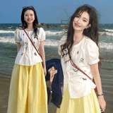 茵曼（INMAN）黄玫瑰刺绣泡泡袖衬衫2026夏季新款女装上衣修身显瘦 浅杏白 S