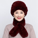 幕加格 獭兔毛帽子女冬天毛线帽皮草中老年人奶奶妈妈老太太帽子围巾t2586 酒红色 帽子+围巾