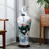 垚罄 景德镇陶瓷器手绘青花瓷大花瓶客厅1米客厅落地电视柜大号花瓶 手绘青彩荷花 1.3米 单个 配原装底座