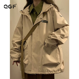 QGF美式复古chic连帽外套女春秋季新款设计感上衣宽松运动冲锋衣夹克 23013-杏色 【高品质】 2XL [建议130-150斤]