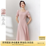 尚都比拉短袖连衣裙女夏季时尚通勤中长款a字裙钉珠收腰显瘦裙子 粉色 M