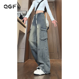 QGF美式复古工装牛仔裤女春秋季新款高腰显瘦宽松直筒阔腿长裤子女装 蓝色 【高品质】 M [建议90-100斤]