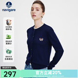 Navigare意大利小帆船圆领针织开衫女士秋冬款长袖休闲外套气质内搭毛衣女 海军蓝 L 码