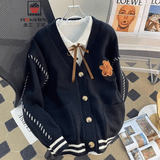 AEMAPE小熊毛衣开衫女外套2026春新款女装衣服宽松温柔秋冬季针织上衣 黑色 均码 (80-140斤拍)