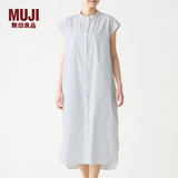 MUJI 女式 棉混弹力 法国袖连衣裙 BCL14A0S 深海军蓝X条纹 L