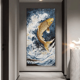 《跃浪金鳞》鱼跃龙门大芬村玄关手绘油画肌理年年有余鲤鱼图挂画 【A款-跃浪金鳞】大师级画师100%手绘油画（15天发货） 竖版 60*80CM 【无框画】纯实木内框