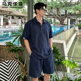 马克华菲老钱风亚麻polo衫短袖套装男夏季度假运动短裤两件套大码 藏青 【专柜同款 潮流时尚】 2XL 推荐155-175斤