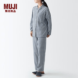 MUJI 女式无侧缝双层纱织睡衣纯棉全棉 FDA20C1A 女士家居服套装 藏青色格纹 S-M