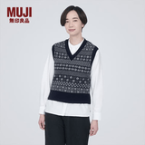 MUJI女式 美利奴羊毛 图案编织 V领背心 马甲针织衫休闲百搭 BA1ODA3A 藏青色图案 L（165/88A）