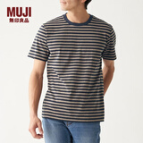 MUJI 男式 印度棉天竺编织 条纹短袖T恤 米色X横条 M