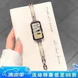 适用华为手环11表带千金弯月手镯华为手环10/9气质金属表带女表链 弯月手镯拼皮-银拼白皮 适用:华为手环11表带【nfc通用】