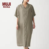 MUJI 女式 法国亚麻水洗 五分袖开襟连衣裙 BCL08C0S 深咖啡色 XS-S