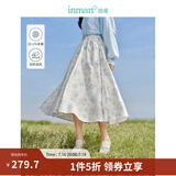 茵曼（INMAN）亚麻吊带植物碎花连衣裙女2026年夏季法式方领泡泡袖蓝色长裙 白底蓝花半身裙-18412674 M