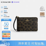 蔻驰（COACH）【品牌直供】新款女包手拿包拉链腕包黑棕拼CEF78 生日礼物送女友