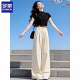 罗蒙（ROMON）韩系穿搭一整套女装夏装2026新款黑色短袖t恤宽松阔腿裤两件套 黑衣杏裤两件套 L 建议100斤-115斤