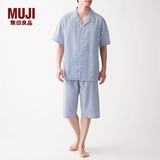 MUJI男式 无侧缝泡泡纱短袖睡衣男士家居服套装男款夏季纯棉全棉 蓝色条纹 M