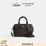 蔻驰（COACH）奥莱女士夏季女包经典老花ROWAN 迷你波士顿单肩斜挎包手提包 IM/胡桃木色/黑色
