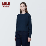 MUJI女式 棱纹编织 圆领短款针织衫 长袖女款 女装 薄款毛衣 藏青色 S (155/80A)