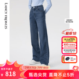 朗姿【精英衣橱】棉质复古直筒阔腿高腰显瘦时尚长款女新款牛仔裤 暮色藏蓝色 M