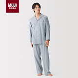 MUJI男式无侧缝双层纱织睡衣家居服长袖睡衣套装 烟熏蓝色条纹6A XL