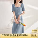 尚都比拉短袖连衣裙女夏季复古赫本风气质通勤裙子中长款A字裙 灰蓝色 S