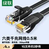 绿联六类网线 千兆网络宽带线 CAT6类家用电脑监控扁平网线 8芯双绞成品跳线 0.5米 黑色50172