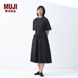 MUJI女式 凉感 短袖衬衫连衣裙女装裙子纯棉25年夏季长裙 黑色 S (155/80A)