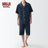 MUJI男式 无侧缝泡泡纱短袖睡衣男士家居服套装男款夏季纯棉全棉 深藏青色 XL