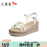 红蜻蜓坡跟凉鞋女夏季厚底水钻一字带凉鞋外穿WTK25015 米色 36