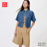 优衣库牛仔箱型衬衫/半袖/水洗产品女装男装衬衣483877 65 宝蓝色 XS