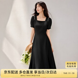 尚都比拉短袖连衣裙女夏季时尚通勤中长款a字裙钉珠收腰显瘦裙子 黑色 S