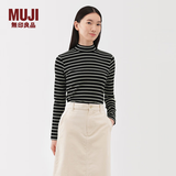 MUJI女式 起毛罗纹编织半高领长袖T恤上衣打底衫女款内搭春秋女装条纹 黑色条纹 L （165/88A）