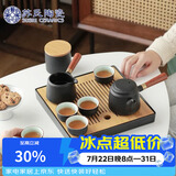 苏氏陶瓷茶具套装实木手柄侧把茶壶日式竹面储水茶盘高档礼盒装