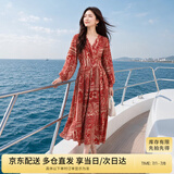尚都比拉春秋中长款印花红色连衣裙气质女神范显瘦度假裙子 红花 S 