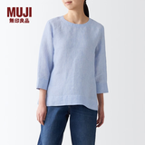 MUJI 女式 亚麻水洗 七分袖罩衫 T恤 亚麻上衣 BCA25C2S 烟熏蓝色条纹 L(165/88A)
