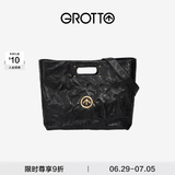 个乐经典CARRY托特包大容量通勤植鞣褶皱绵羊皮手提单肩包礼物 经典黑金标M