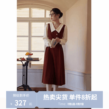 独束大码女装假两件撞色衬衫领连衣裙女秋冬微胖mm文艺复古穿搭裙子 勃艮第红【适合165左右】 M