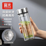 富光双层玻璃杯双层透明水杯男女士便携大容量商务杯子个人专用泡茶杯 380毫升 送杯套杯刷