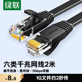 绿联六类网线 千兆网络宽带线 CAT6类家用电脑监控扁平网线 8芯双绞双接头成品跳线 2米 黑色50174