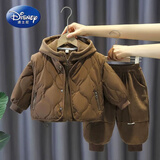 迪士尼（Disney）男童冬季棉服加厚套装2026新款1-9岁儿童马甲三件套冬装衣服外穿 咖色冬款加厚三件套 90