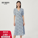 深呼吸DEEP BREATH女装V领中长高腰泡泡袖收腰碎花连衣裙A500197 蓝-花 S (2)