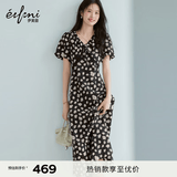 伊芙丽（eifini）花边嵌边装饰A摆肌理底布碎花连衣裙女26新款裙子 水墨黑 M 105-115斤 尺码偏小 拍大一码
