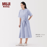 MUJI女式 凉感 短袖衬衫连衣裙女装裙子纯棉25年夏季长裙 萨克森蓝条纹 M (160/84A)