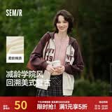 森马（Semir）外套女连帽插肩袖宽松上衣女士秋季潮流刺绣撞色夹克美式复古 白咖色调00415 S